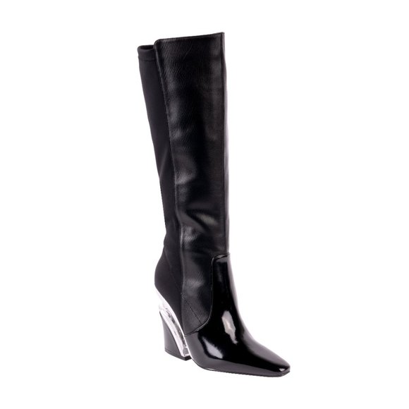 Stylish Fashion Womens Knee High Leather Black Lucite Heel Boots - Picture 1 of 8